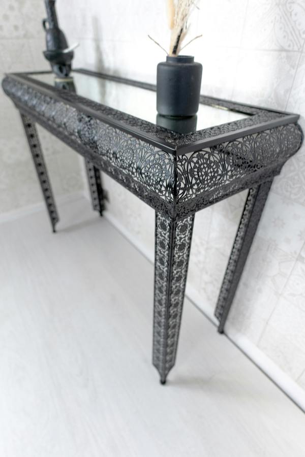 Downton Interiors Black Embossed Metal Mirrored Glass Console Table - Agadir range