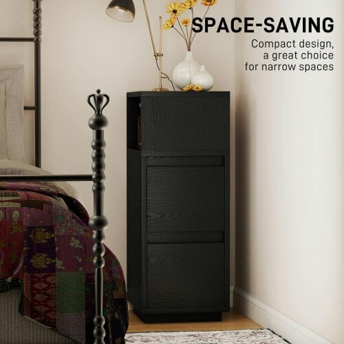 Wyld Haus Susema Black Slim Bedside Table With 2 Drawers And Open Shelf