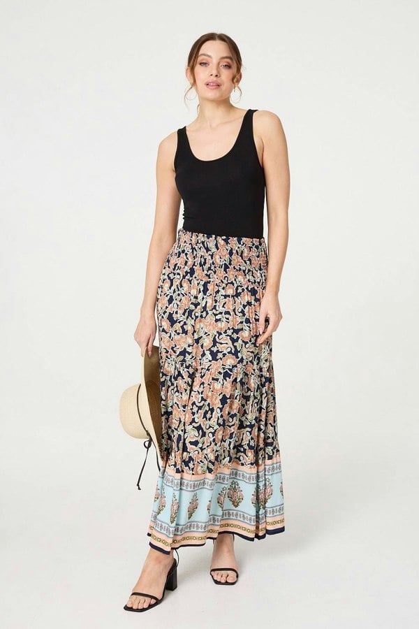 Navy | Floral Print High Waist Maxi Skirt
