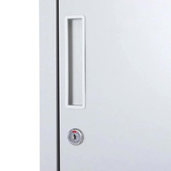 Grey steel locker cabinet door handle and key lock cylinder close-up