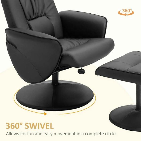 Black PU leather swivel recliner chair with round base and matching ottoman
