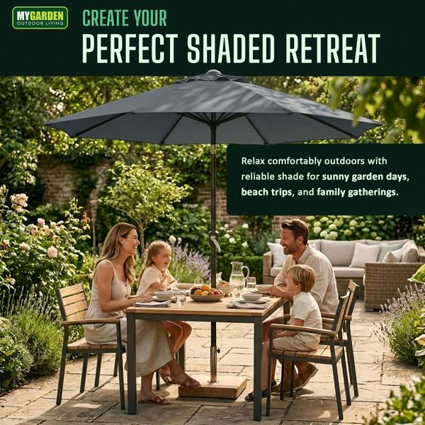 My Garden Outdoor Living Parasol Umbrella 2m Dia - Push Button Tilting Patio Umbrella with Crank Lift - Polyester Canopy, Outdoor Sun Shade
