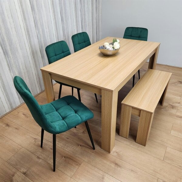 Kosy Koala Wooden Dining Table Set for 6 Oak Effect Table With 4 Green Velvet Chairs and 1 Bench