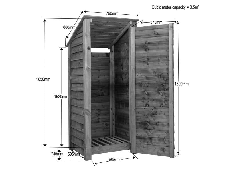 Arbor Garden Solutions Wooden Log Store with Door (Roof Sloping Back) W-79cm, H-126cm or 180cm, D-88cm