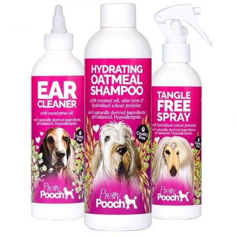 Pretty Pooch The Squeaky Clean Grooming Kit Set - 250ml Hydrating Oatmeal Shampoo, 250ml Ear Cleaner & Tangle Free Spray 250ml