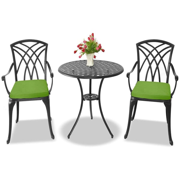 Centurion Supports OSHOWA Luxurious Garden and Patio Table and 2 Large Chairs with Armrests Cast Aluminium Bistro Set - Black with Green Cushions