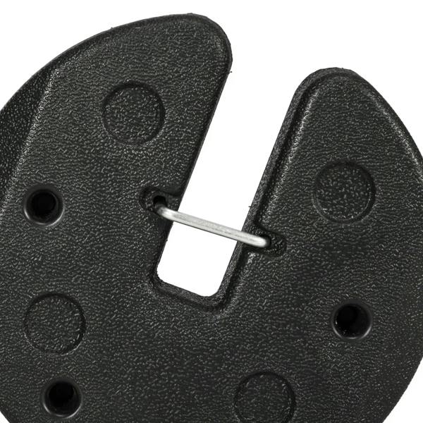 Black gazebo base weight detail with metal pin and mounting holes