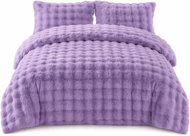 Night Zone Teddy Square Fleece Duvet Cover Set – Ultra Soft Fluffy Plush Bedding - Lilac