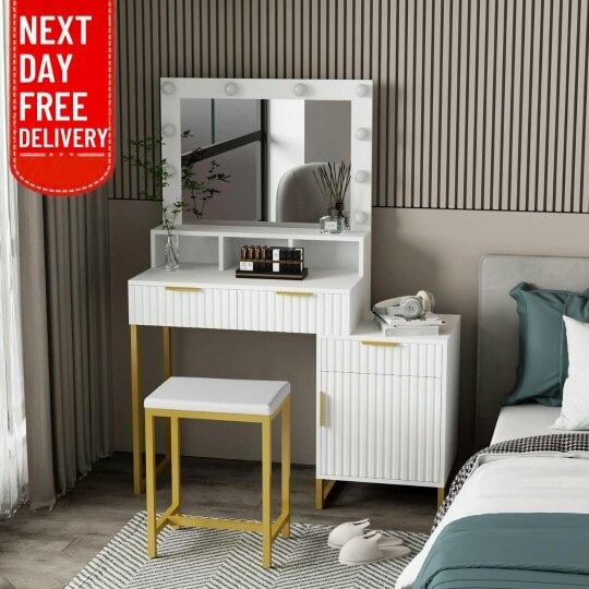 Kosy Koala White Modern Dressing Table with Bulb Lights Mirror Vanity Makeup Desk Stool Set