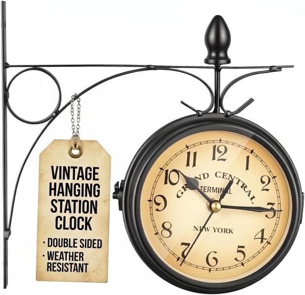 My Garden Outdoor Living My Garden Outdoor Station Clock - Weather Resistant Garden Wall Clock with Metal Bracket, Silent Vintage Hanging Design