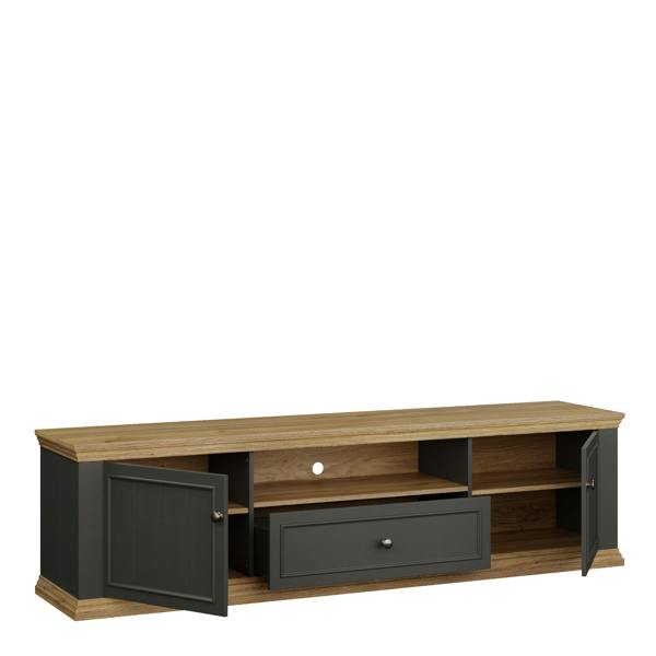 Furniture To Go Pontypool Wide TV Unit with 2 Doors, Drawer & Open Shelf in Grey and Mauvella Oak