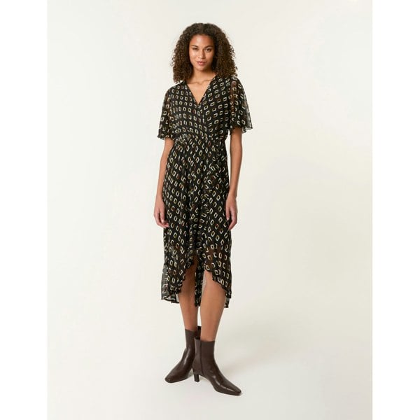 Blue Vanilla Geometric Mesh Ruffle Wrap Dress