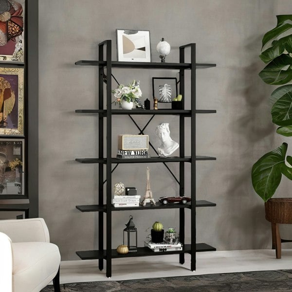 Rafaelo Mobilia Industrial 5 Tier Black Bookcase