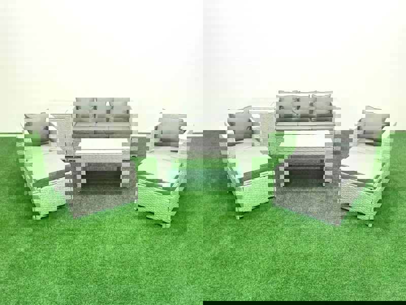 Fimous Rattan Garden Furniture Set 7 Seater Outdoor Garden Sofa 2 Chairs Oblong Coffee Table Set with 2 Stools Side Table Light Grey Mixed
