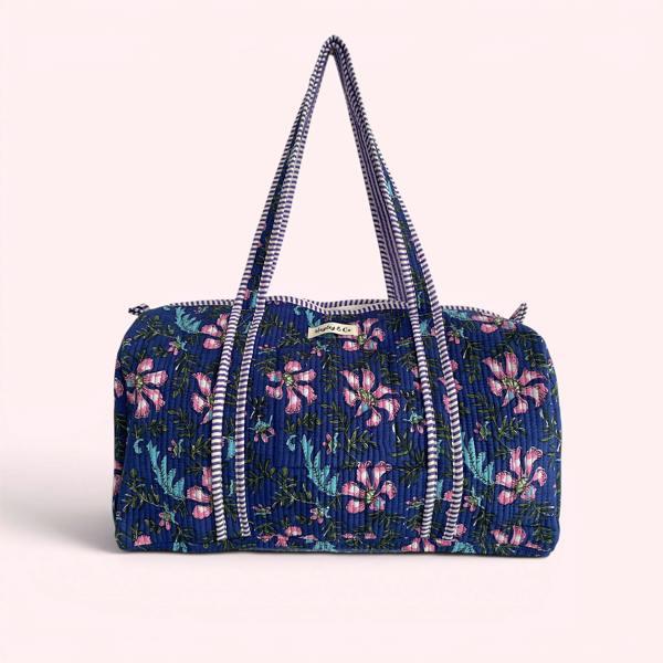 Hayley & Co Blue and Purple Floral Block Print Cotton Quilted Weekend Duffle Bag