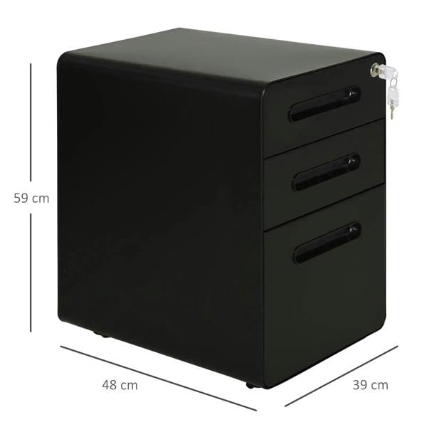 Black lockable 3-drawer file cabinet with side key lock and curved corners