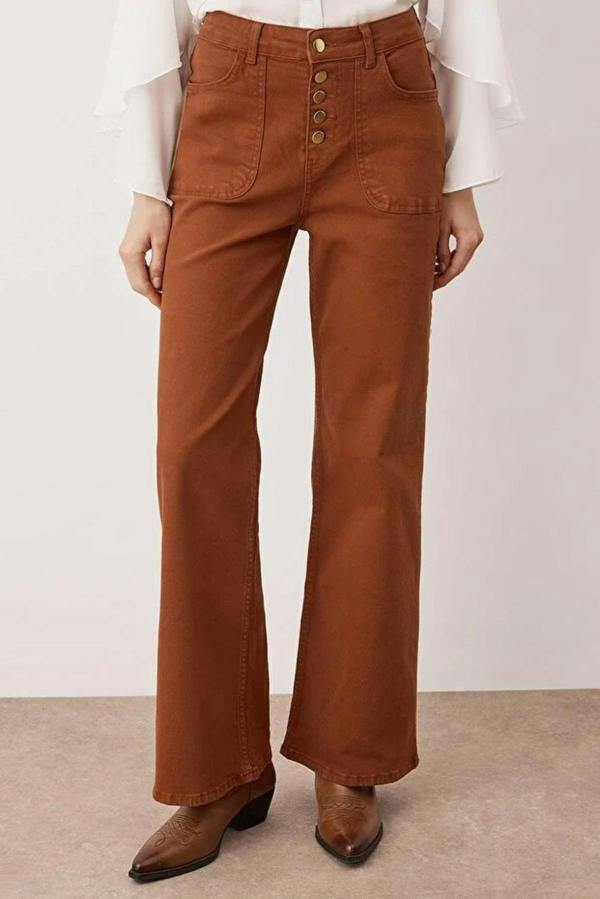 WOVCOR Button Detailed High Waist Wide Leg Comfort Jeans