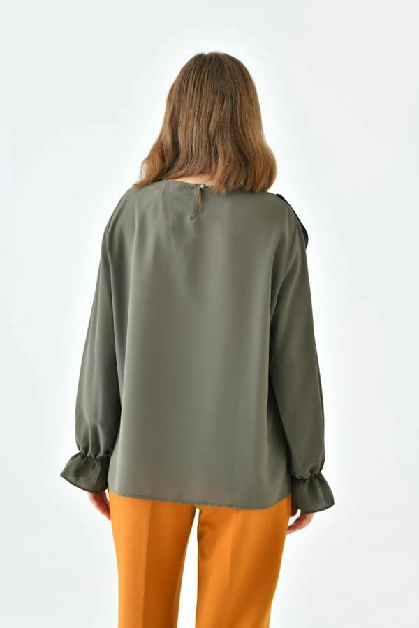 Hoxton Gal Oversized Frilled Front Blouse with Detailed Cuffs in Khaki