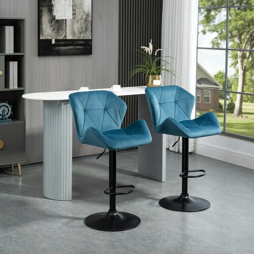 Wyld Haus Rottira Velvet Blue Adjustable Swivel Bar Stools Set Of 2 With Sculpted Seat And Footrest