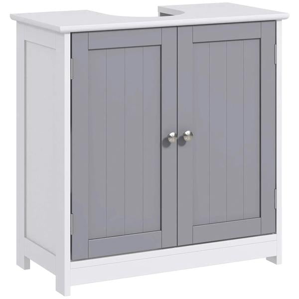 Under-sink storage cabinet with two grey doors, silver knob handles, and white frame