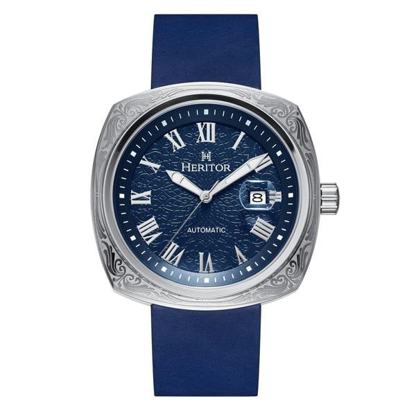 Heritor Automatic Davenport Engraved-Case Leather-Band Watch w/ Date - Silver/Blue - HERHS3202