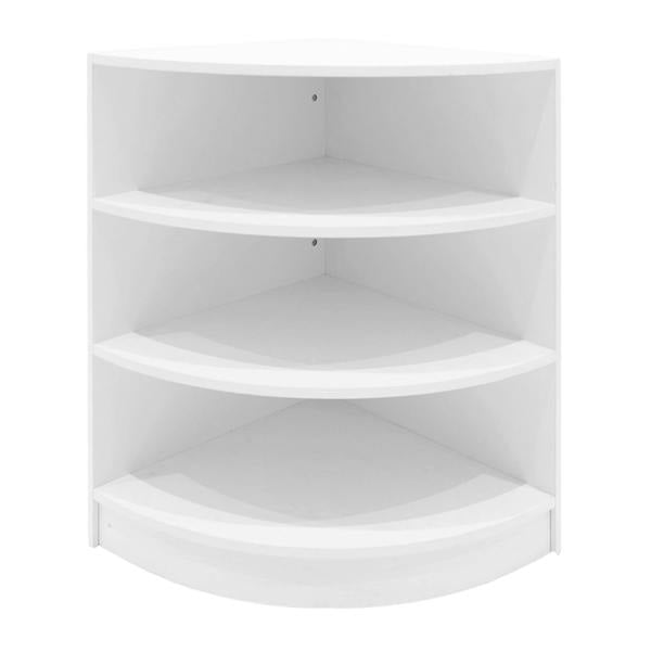 White corner display shelf with four spacious, curved shelves, ideal for showcasing products in retail or home settings