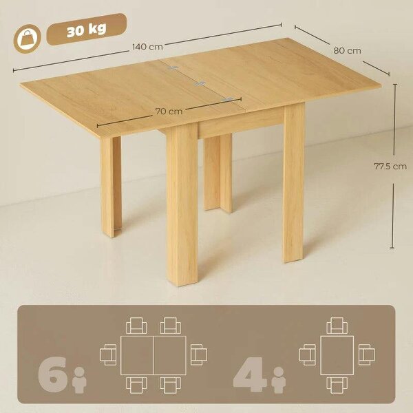 Folding Dining Table for 4-6, Rectangular Extendable Drop Leaf Table for Small Spaces, 140 x 80 x 77.5 cm, Natural