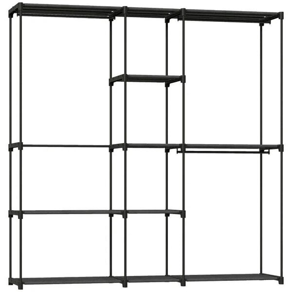 Portable Wardrobe, Open Clothes Wardrobe with 8 Shelves, 3 Hanging Rails, Black