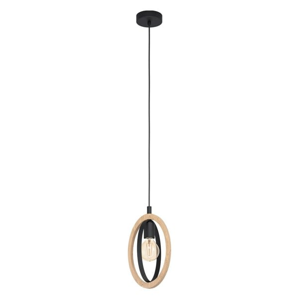Hanging Ceiling Pendant Light Black & Wood Hoop Shade 1 x 40W E27 Bulb Loops