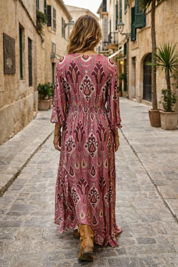Rose Pink Aztec print satin button through maxi dress