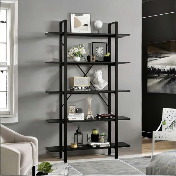 Rafaelo Mobilia Industrial 5 Tier Black Bookcase