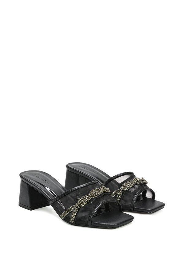 XY LONDON Backless Block Heel Sandals With Crystals and Mesh