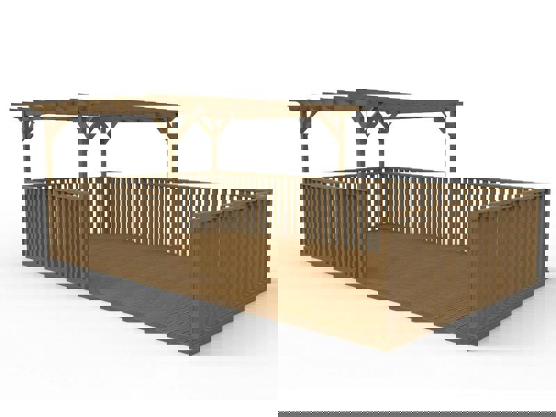 Rectangular pergola and decking kit with balustrade, made from pressure treated timber and high quality pergola posts, featuring a raised wooden deck, vertical slatted balustrade, and an open pergola roof frame.