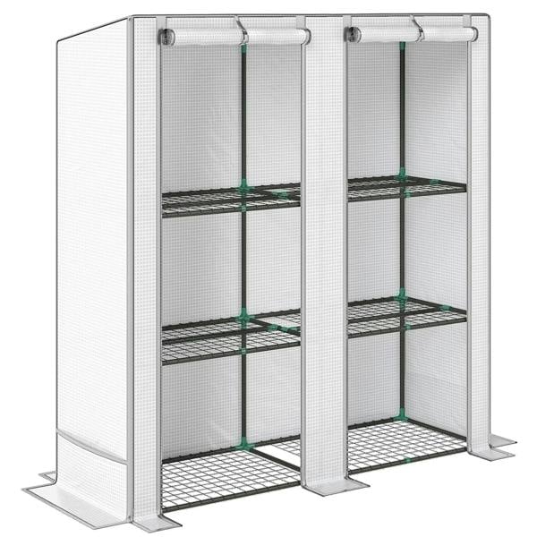 Three-tier mini greenhouse with white frame, wire mesh panels, and three tier shelves
