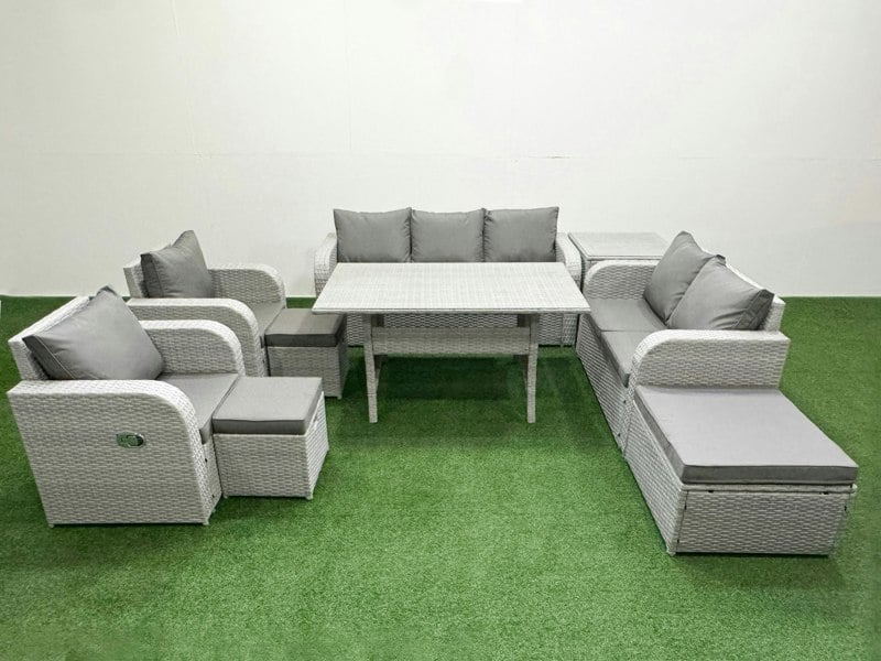 Fimous Light Grey PE Rattan Outdoor Lounge Set - Reclining Chair, Double Loveseat, Rectangular Dining Table, 3 Stools & Side Table
