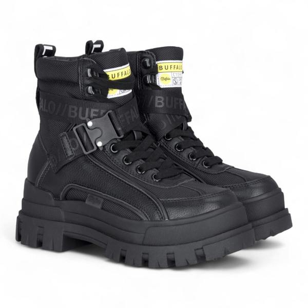 Buffalo Womens Black Chunky Platform High Ankle Combat Boots - ASPHA-COM1