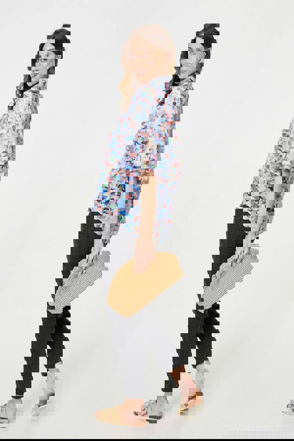 Blue | Printed Puff Sleeve Collared Shirt
