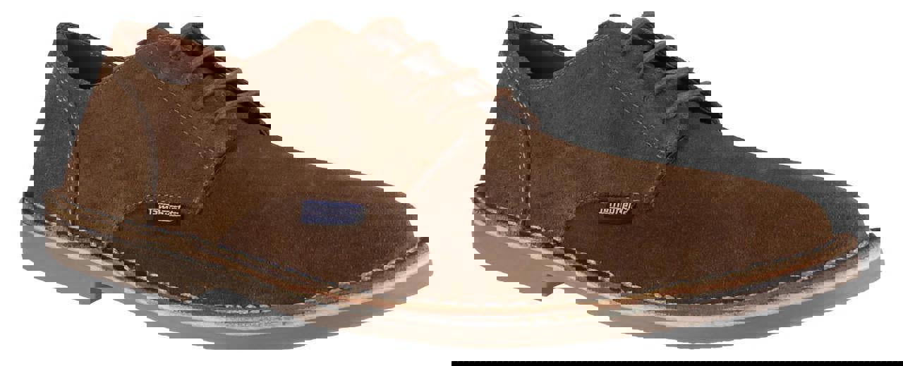 Lambretta Clerkenwell Mens Casual Derby Suede Lace Up Shoes, brown suede shoes with lace-up closure and white stitching details.