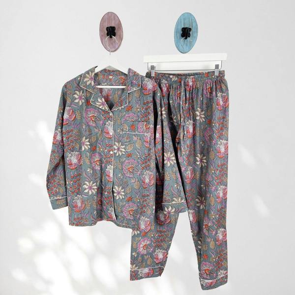 Hayley & Co Block Print Floral 100% Cotton Long Pyjama Set in Grey and Pink