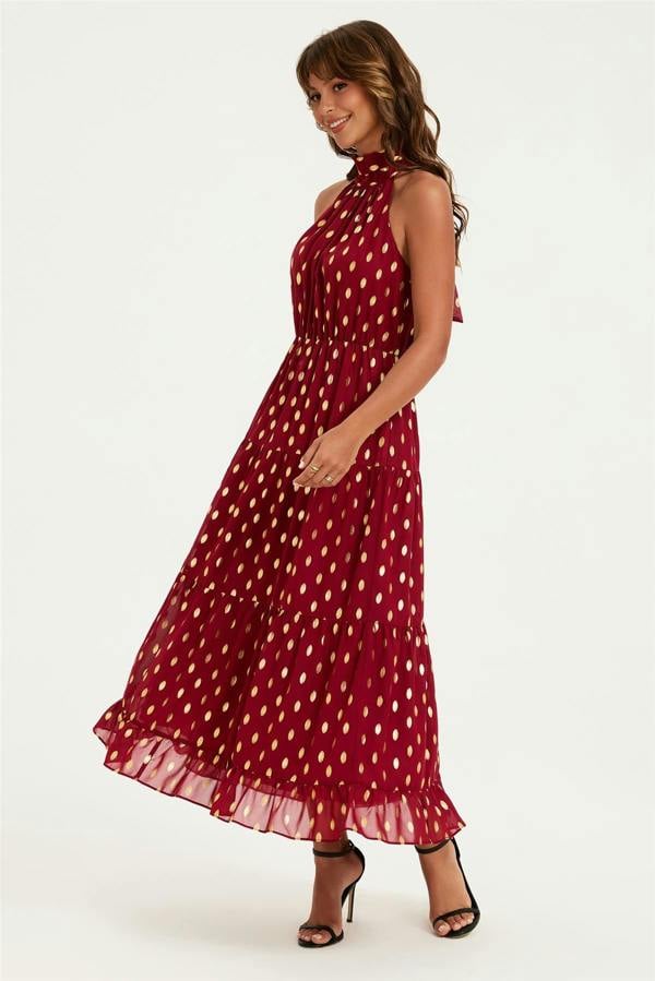 FS Collection Gold Foil Halter Neck Tie Back Midi Dress In Wine