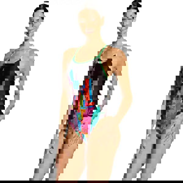 Zoggs Skyscraper Sprintback swimsuit in black with colorful cityscape design