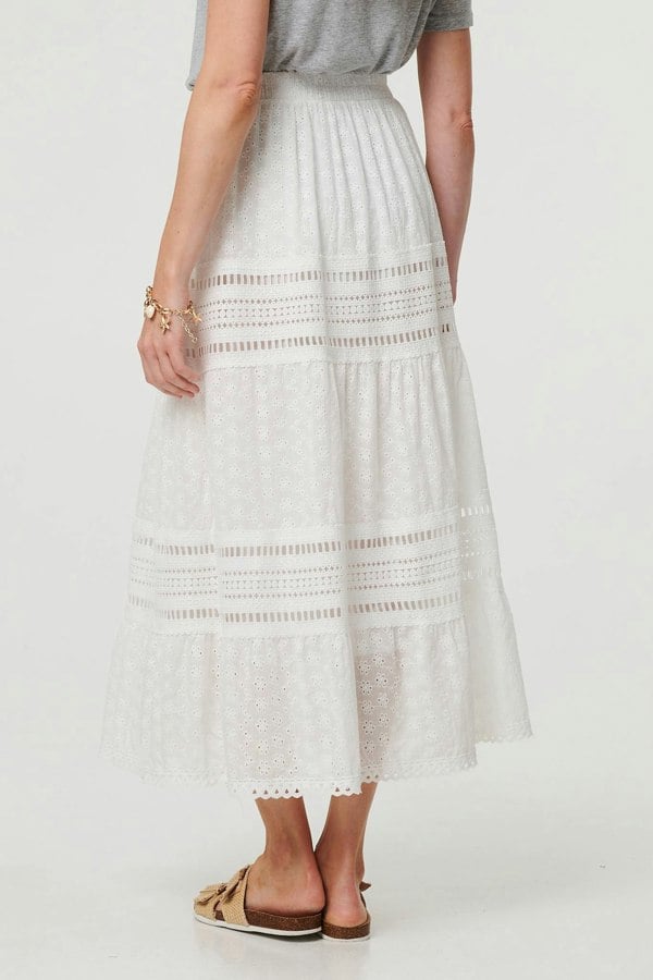 White | Lace Trim High Waist Tiered Maxi Skirt
