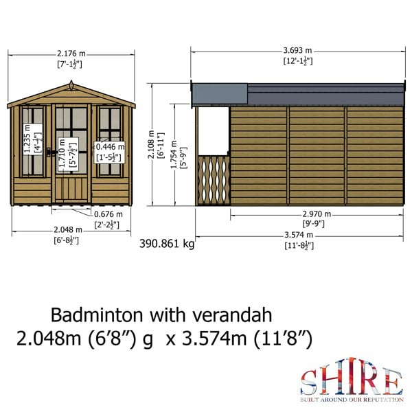 Shire Badminton & Verandah 7x10 12mm interlock Clad wooden Summerhouse - Best Shed