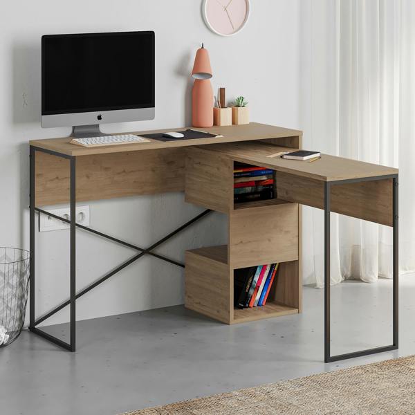 Decortie Modern Badau L-Shaped Computer Desk Metal Legs 3 Adjustable Storage Shelf Extra Table 110cm(W) Work PC Office
