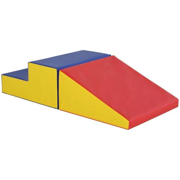 Two-piece foam playset with red ramp slide, yellow base blocks, and blue top cushions