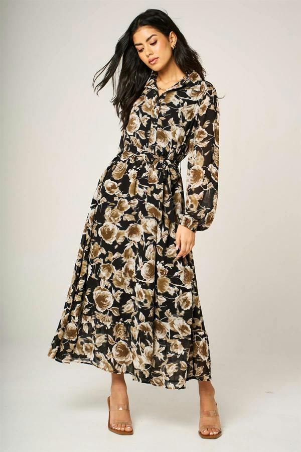 FS Collection Brown Floral Print Shirt Midi Dress In Black