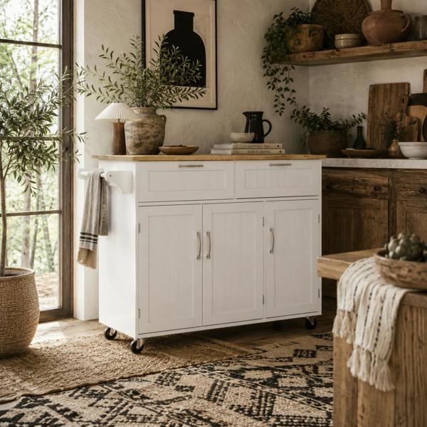 Wyld Haus Nave Wooden White Kitchen Island 2 Drawers 3 Doors
