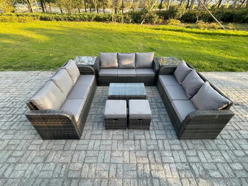 Fimous 11 Seater Rattan Lounge Sofa Set, Garden, Coffee Table, 3 Seater Sofa, 2 Side Tables and 2 Small Footstools, Dark Grey Mixed