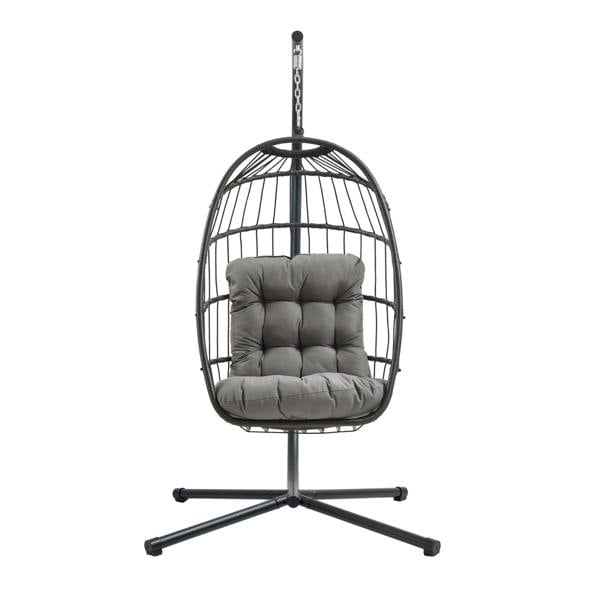 Black rattan hanging egg chair with a plush gray cushion, featuring a sleek, modern design and sturdy metal stand for indoor or outdoor use