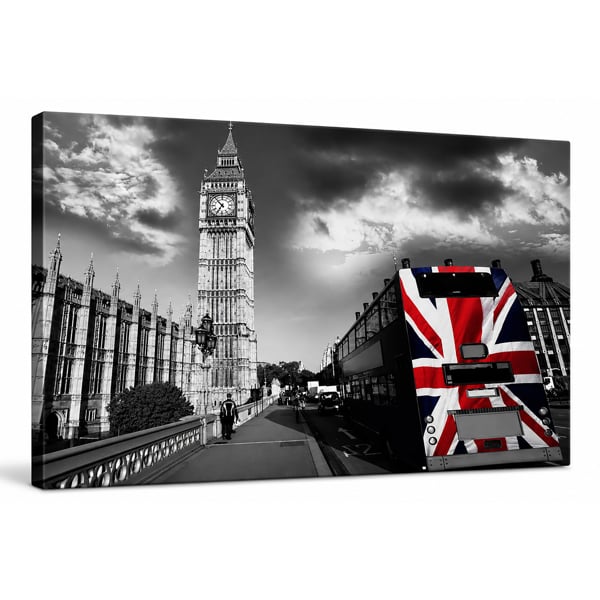 Big Ben & London Bus Scene Canvas Print with 6 LED Lights, Stretched on Wooden Frame, Battery Powered Wall Art, 60cm x 40cm